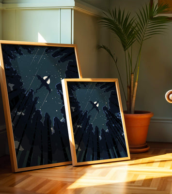 Dragon flying through starry night sky above dark forest
