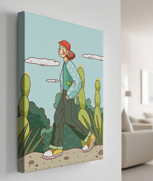 Person walking in desert landscape with cacti