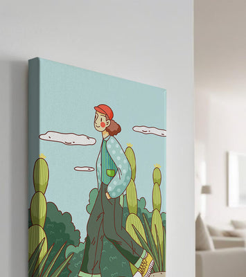Person walking in desert landscape with cacti