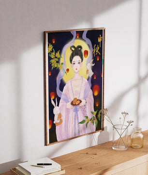 Mid-Autumn Festival Illustration with Moon Goddess and Rabbits