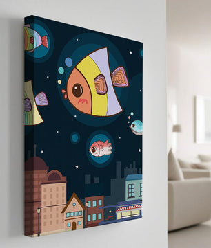 Poisson de dessin animé flottant au-dessus d'une ville nocturne avec des étoiles