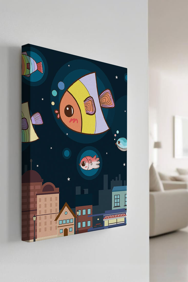 Cartoon Fish Floating Over Night City Scene with Stars