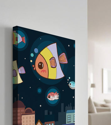 Cartoon Fish Floating Over Night City Scene with Stars