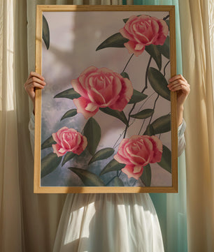 Hermosas rosas rosadas con exuberantes hojas verdes sobre un fondo suave