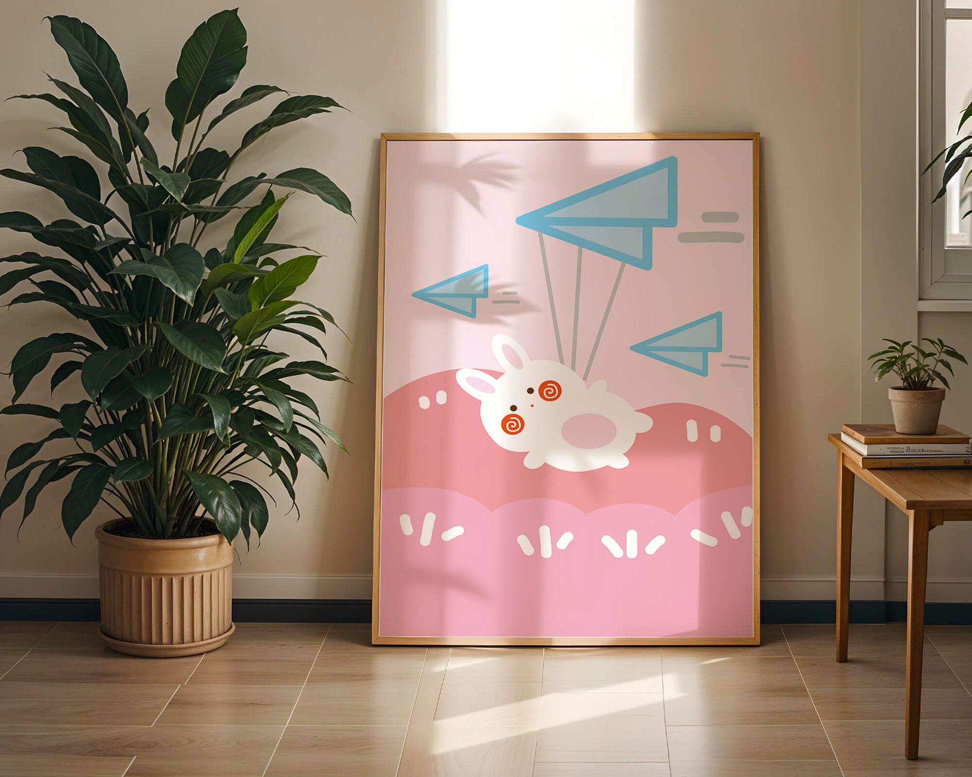 Adorable cartoon bunny flying with paper planes on a pink background