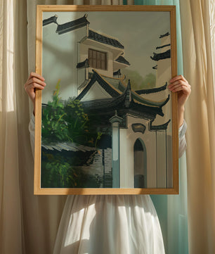 Traditional Asian architecture with lush greenery