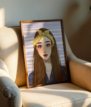 Illustration d'une femme avec un bandeau jaune sur fond rayé