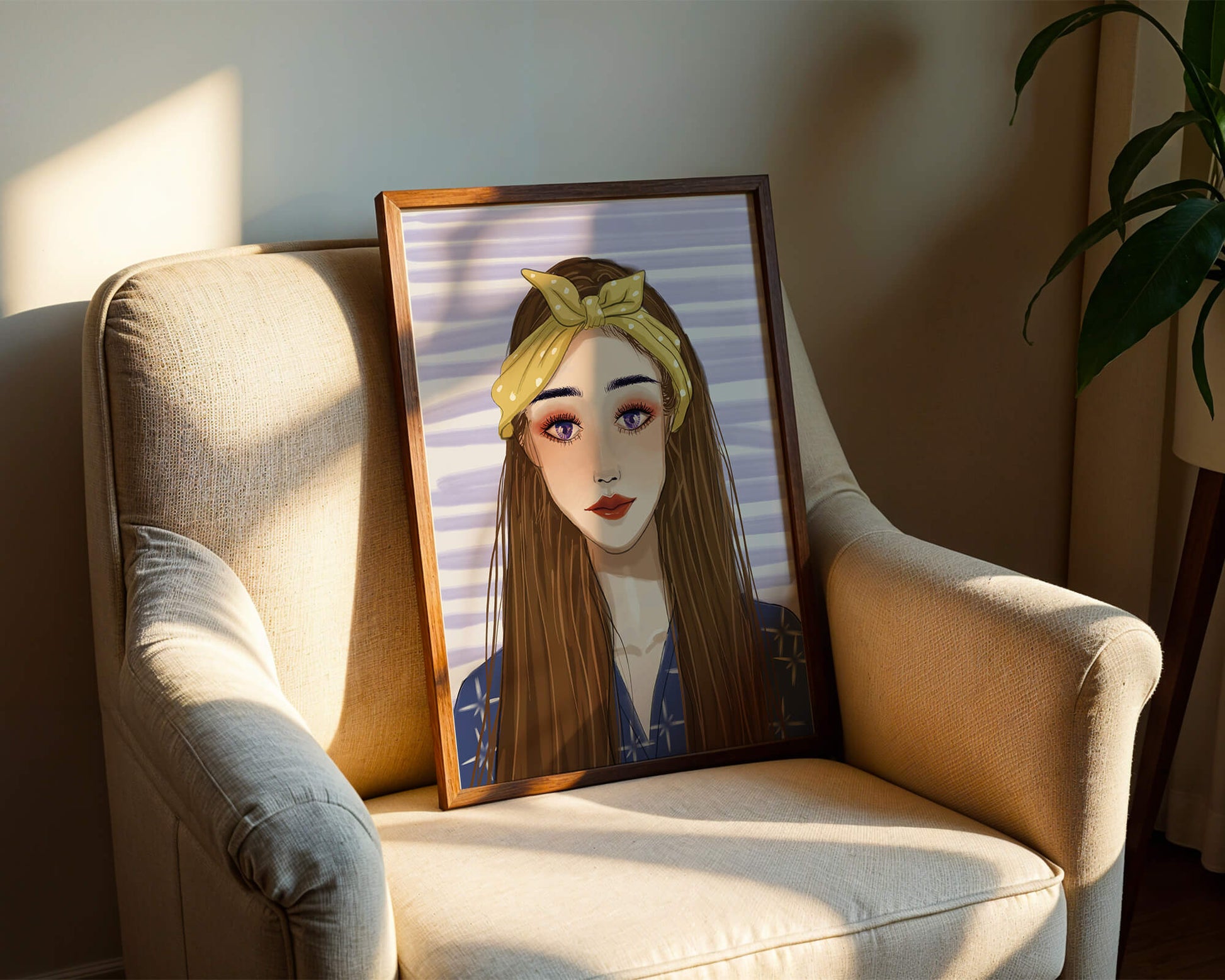 Illustration of a woman with a yellow headband against a striped background
