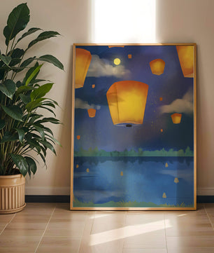 Lanterns Floating in Night Sky over Reflective Lake