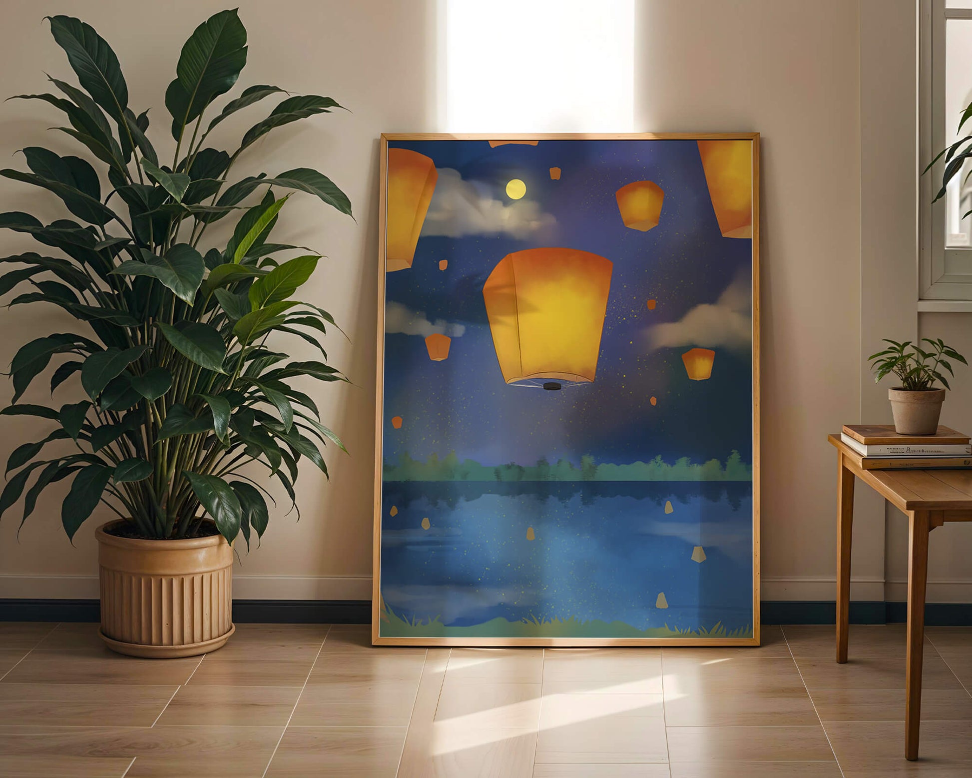 Lanterns Floating in Night Sky over Reflective Lake