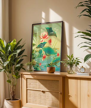Serene lotus pond with vibrant lilies and lush green leaves