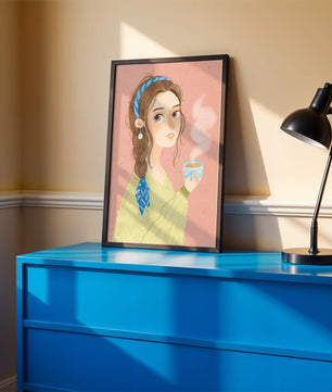 Illustration d'une fille avec un bandeau tenant une tasse fumante