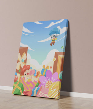 Colorful illustration with presents and children playing under a blue sky