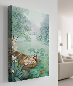 Serene Pond with Wooden Boat and Bridge Under Misty Sky - Mi tienda
