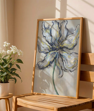 Elegant blue and green abstract floral artwork with flowing lines