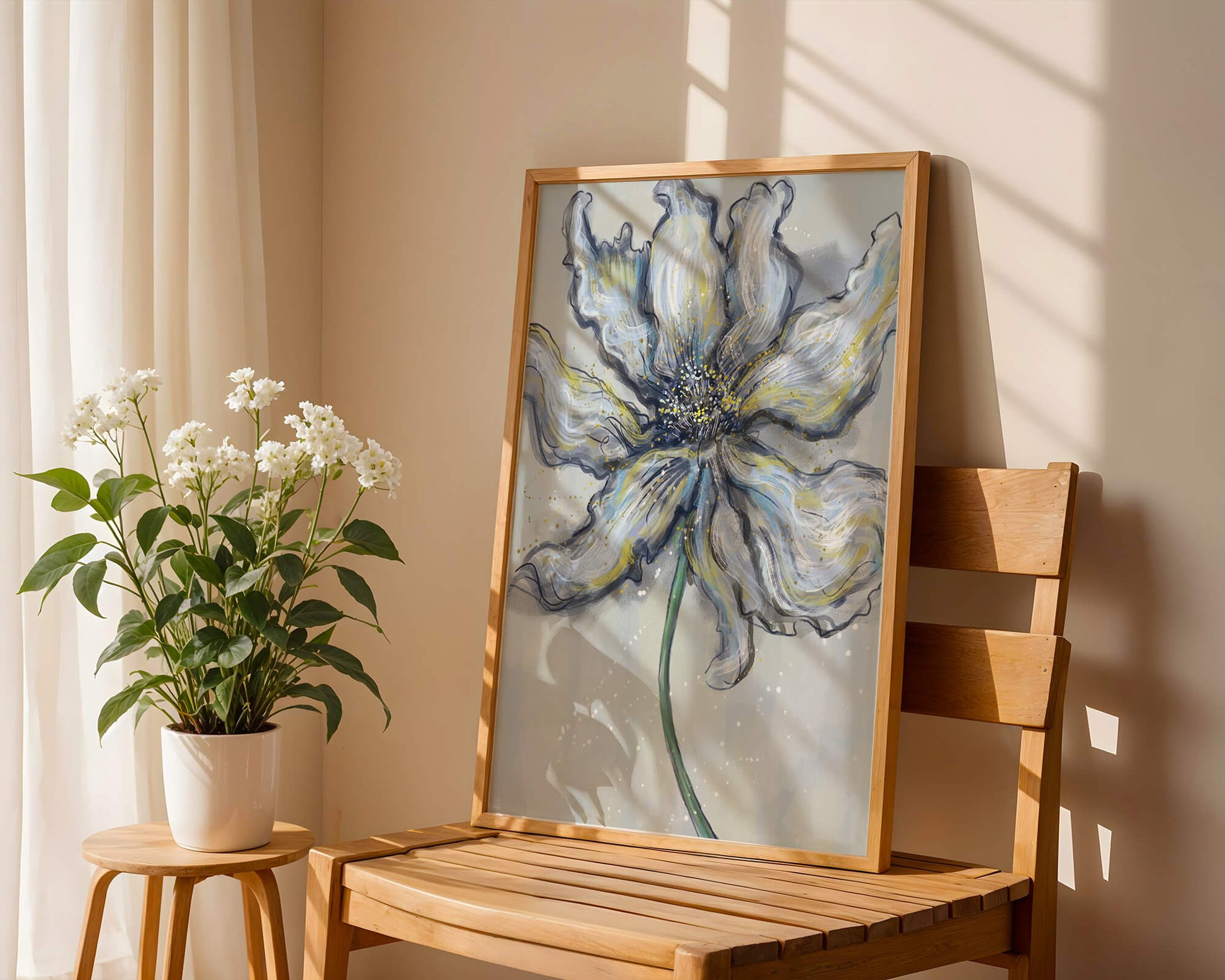 Elegant blue and green abstract floral artwork with flowing lines