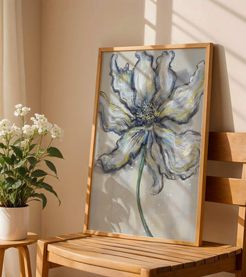 Elegant blue and green abstract floral artwork with flowing lines