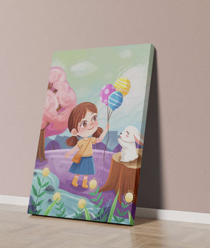 Charming Landscape with Girl Holding Balloons and White Bunny in Enchanted Forest
