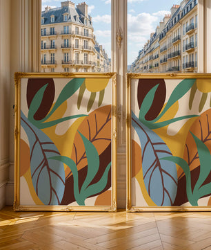 Abstract botanical design with colorful leaves and organic shapes