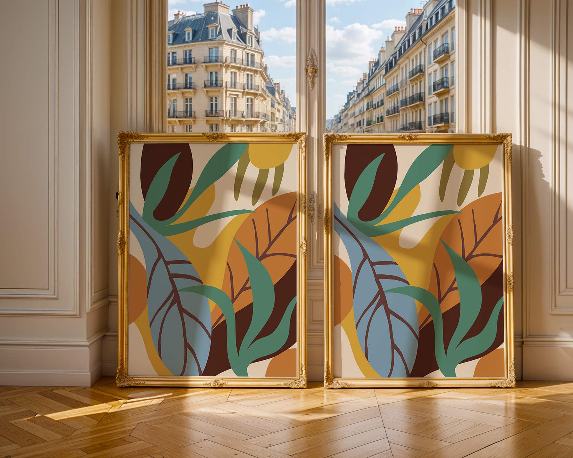 Abstract botanical design with colorful leaves and organic shapes