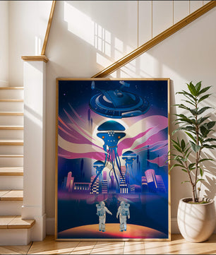 Futuristic Space City With Alien Creatures and Astronauts