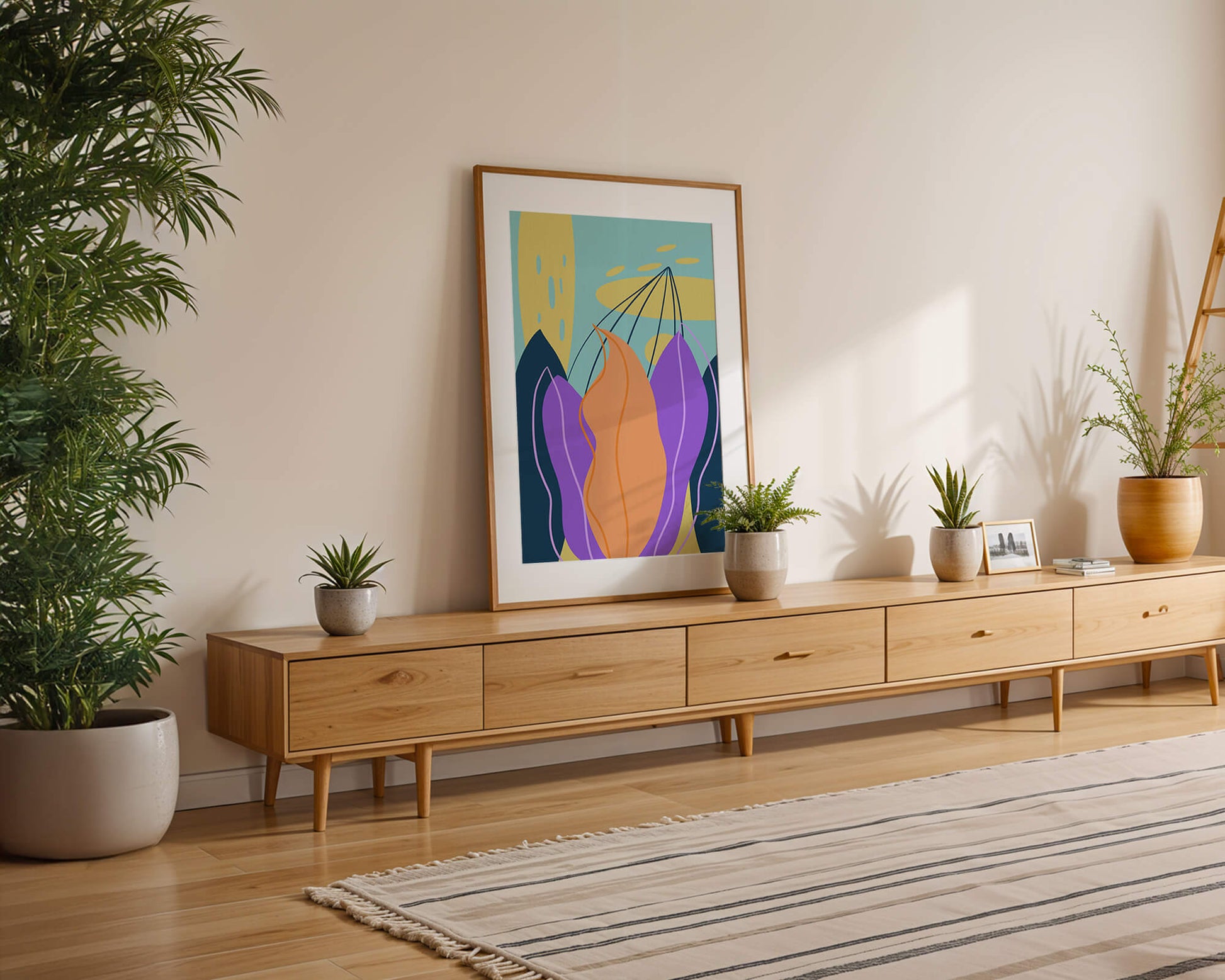 Abstract floral illustration with vibrant colors and geometric shapes