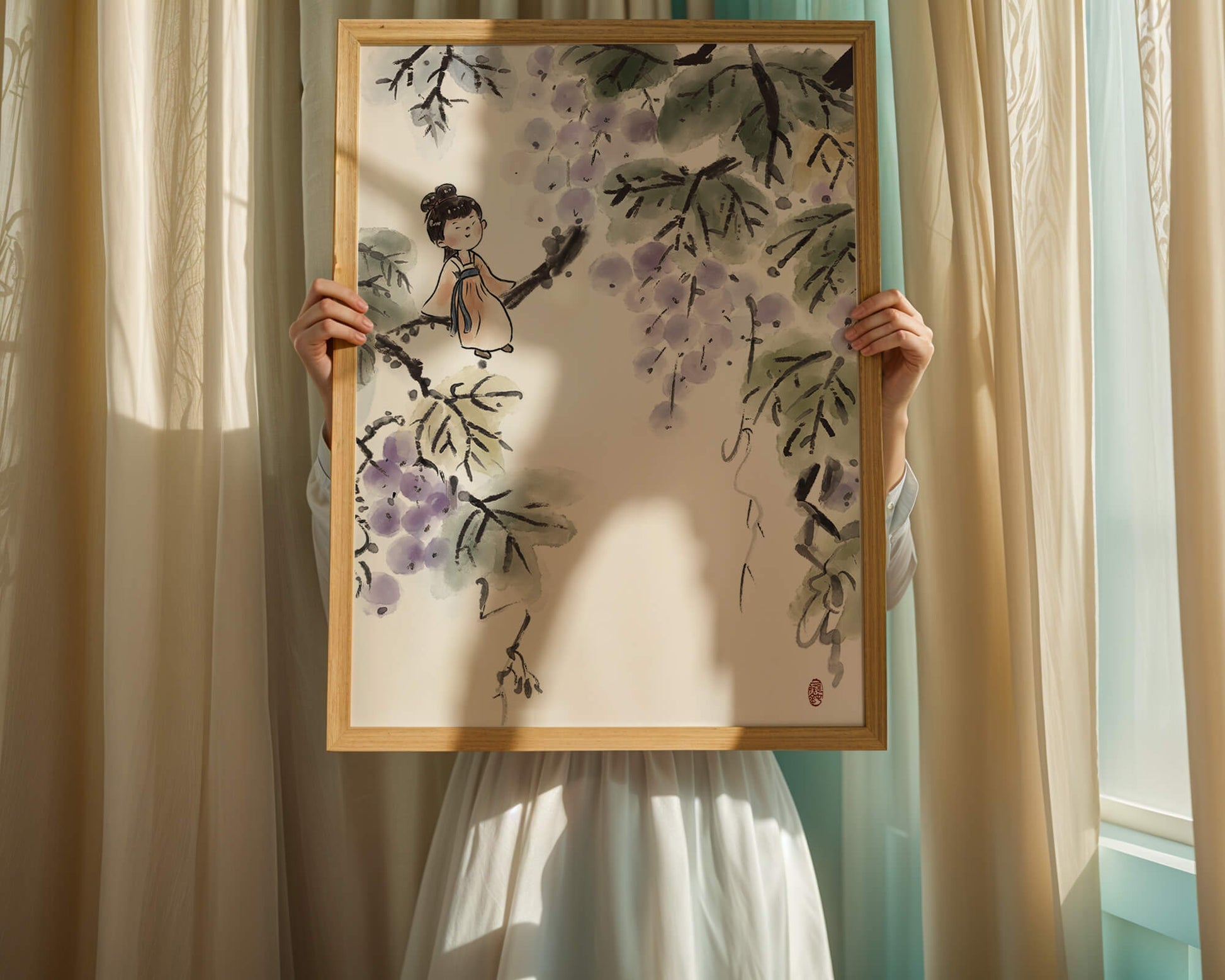 Una chica caprichosa sentada en una rama con bayas moradas y hojas verdes en estilo acuarela