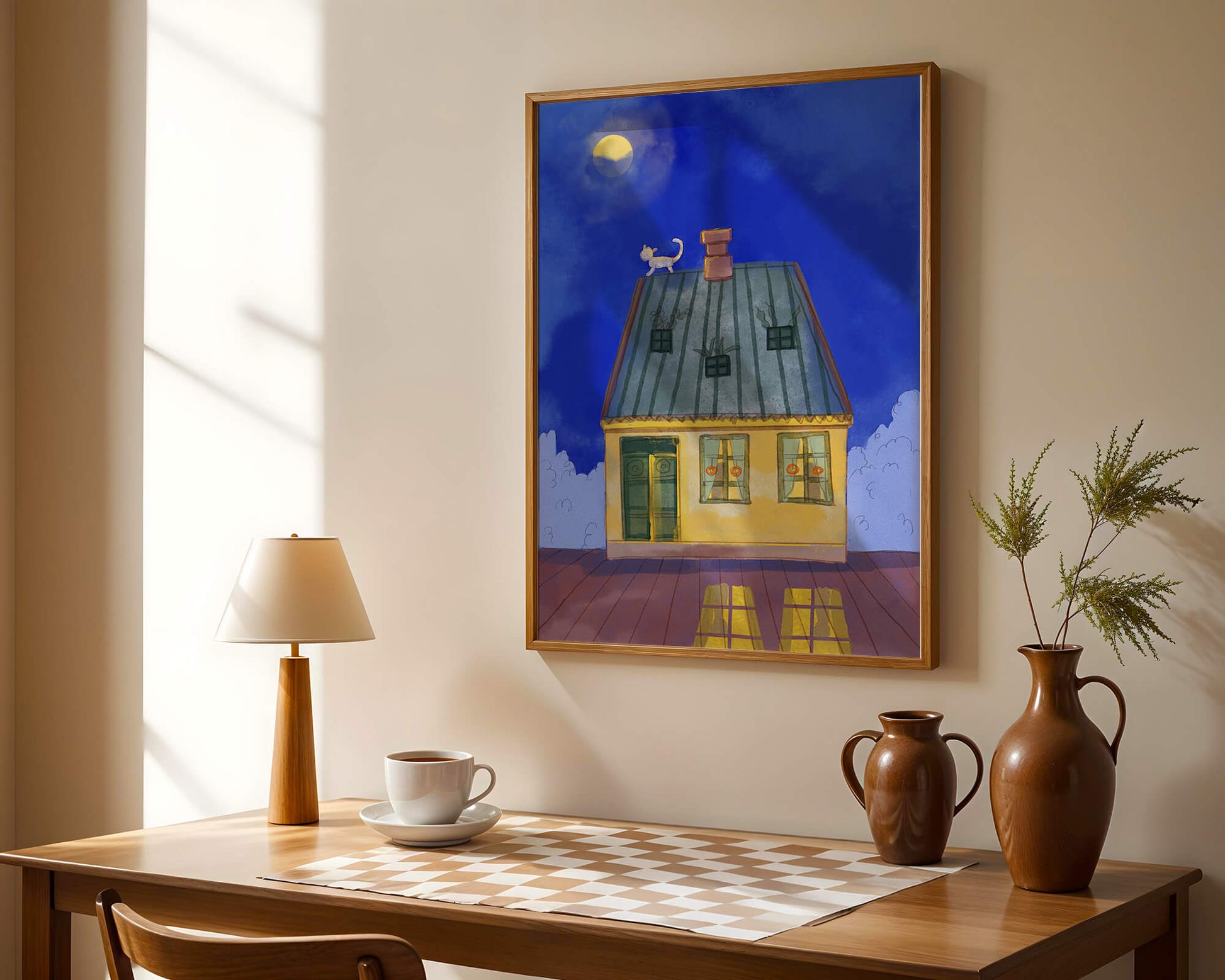 Charming Nighttime House with a Cat on the Roof Under the Moon