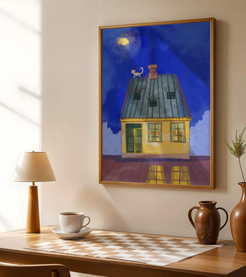 Charming Nighttime House with a Cat on the Roof Under the Moon