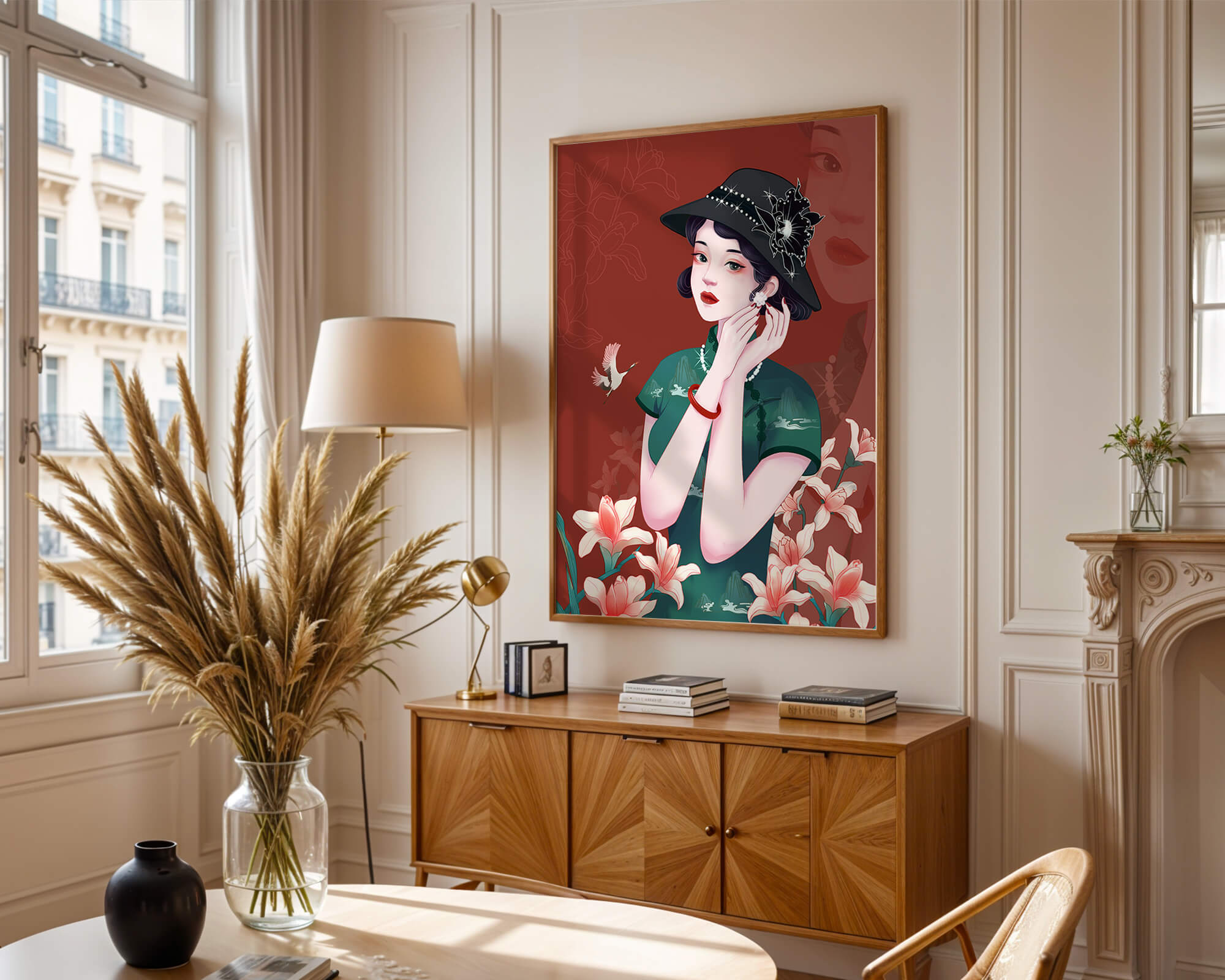 Elegant woman in vintage attire with floral hat and lilies