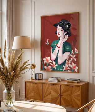 Elegant woman in vintage attire with floral hat and lilies