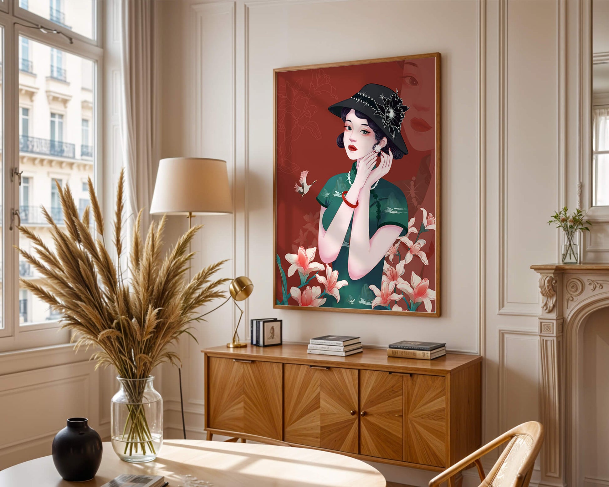 Elegant woman in vintage attire with floral hat and lilies