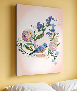Delightful illustration of a bird amidst colorful flowers on a soft pink background