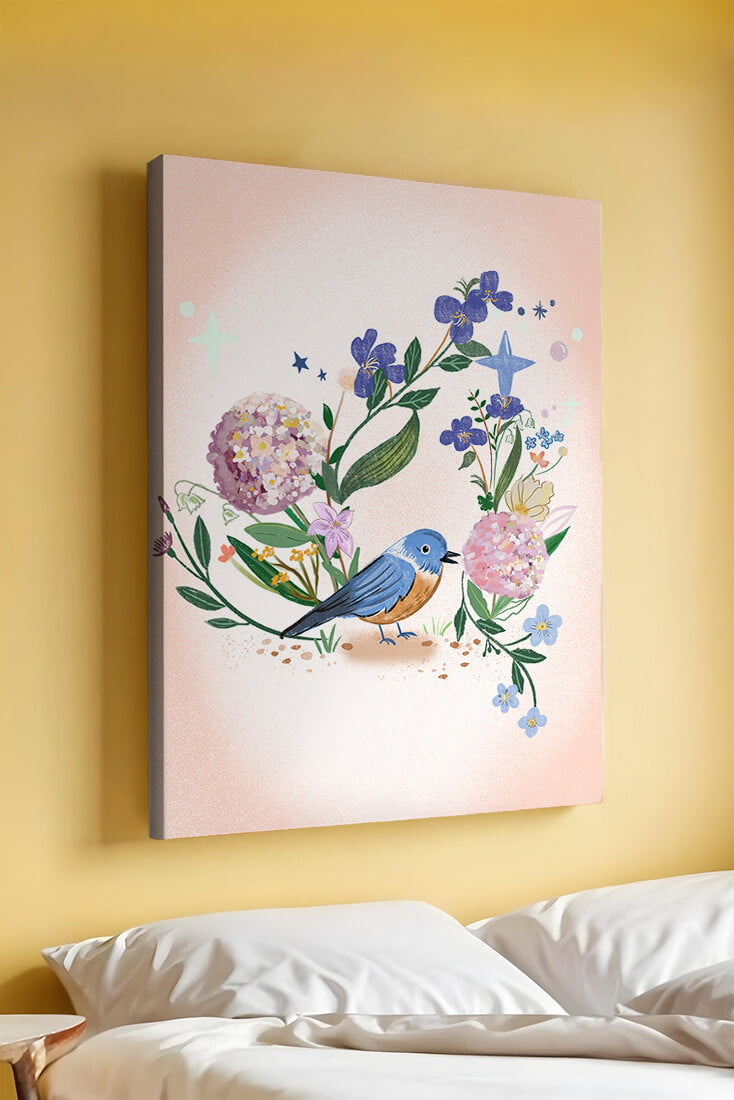 Delightful illustration of a bird amidst colorful flowers on a soft pink background