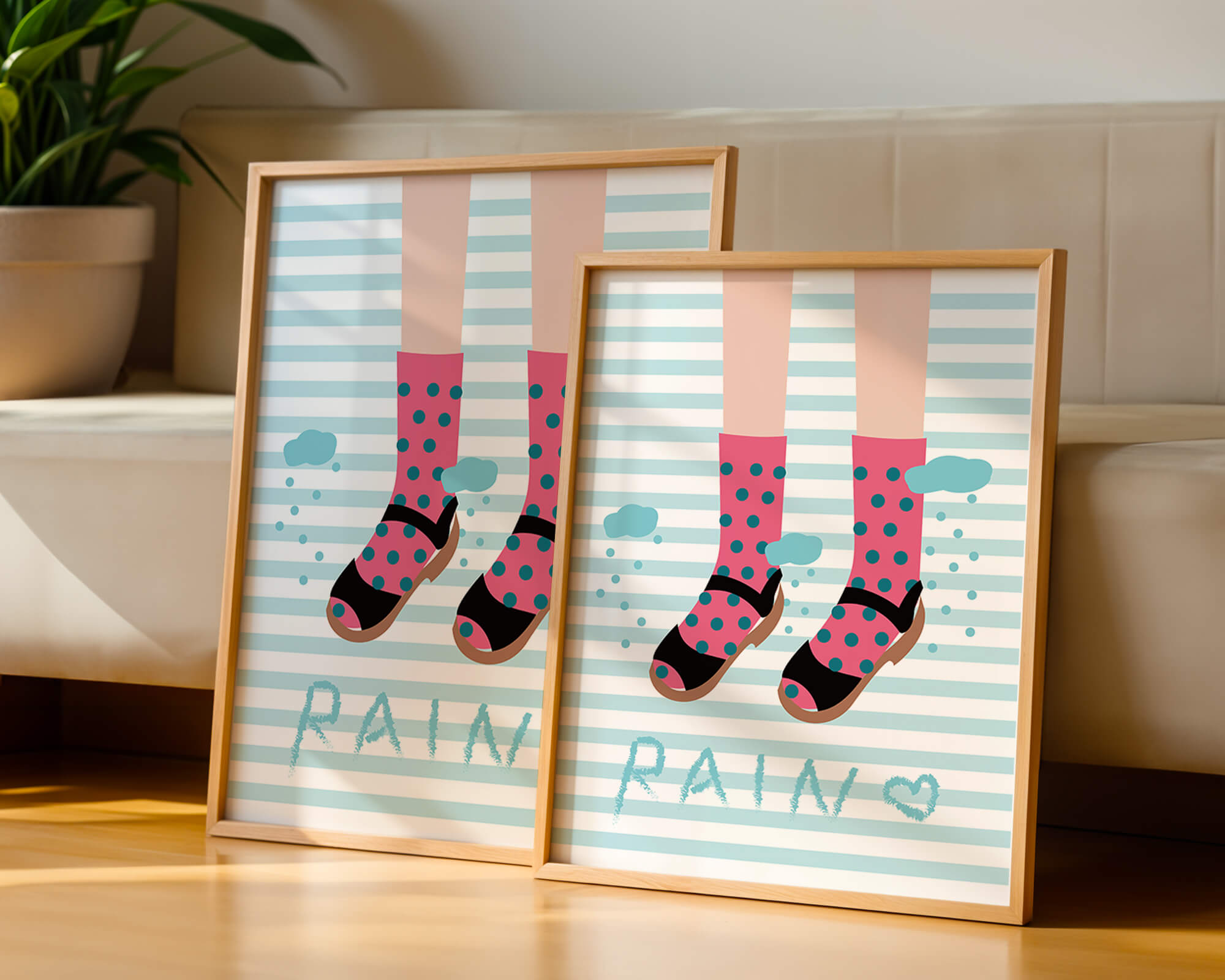Illustration of polka dot socks and sandals on a striped background