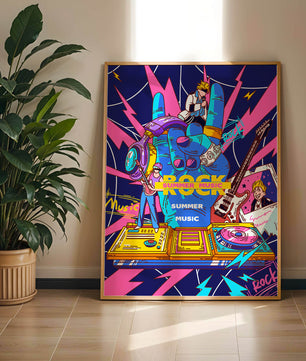 Ilustración temática vibrante de música rock con instrumentos y artistas