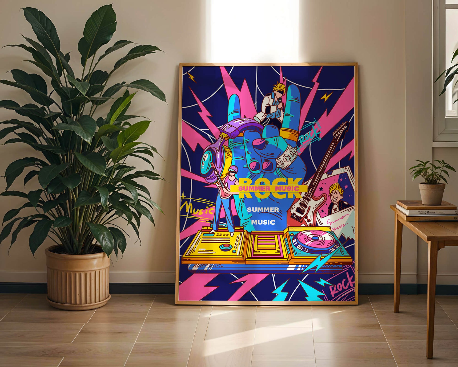 Ilustración temática vibrante de música rock con instrumentos y artistas