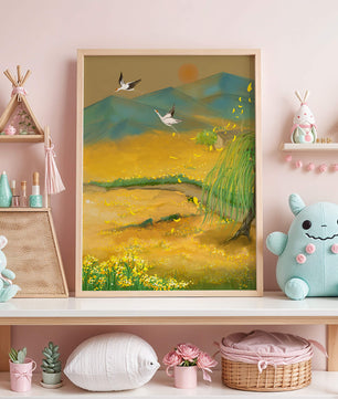 Ruhige Landschaft mit fliegenden Kranichen und goldenen Blüten