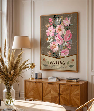 Ilustración acuarela floral con texto motivacional sobre un fondo marrón punteado