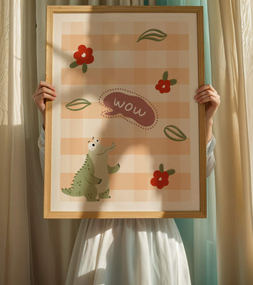 Playful Crocodile With Flowers And Speech Bubble On Checkered Background