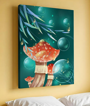 Whimsical forest scene with mushrooms and glowing bubbles