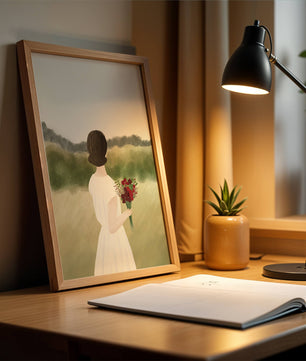 Woman in White Dress Holding Bouquet Facing Nature