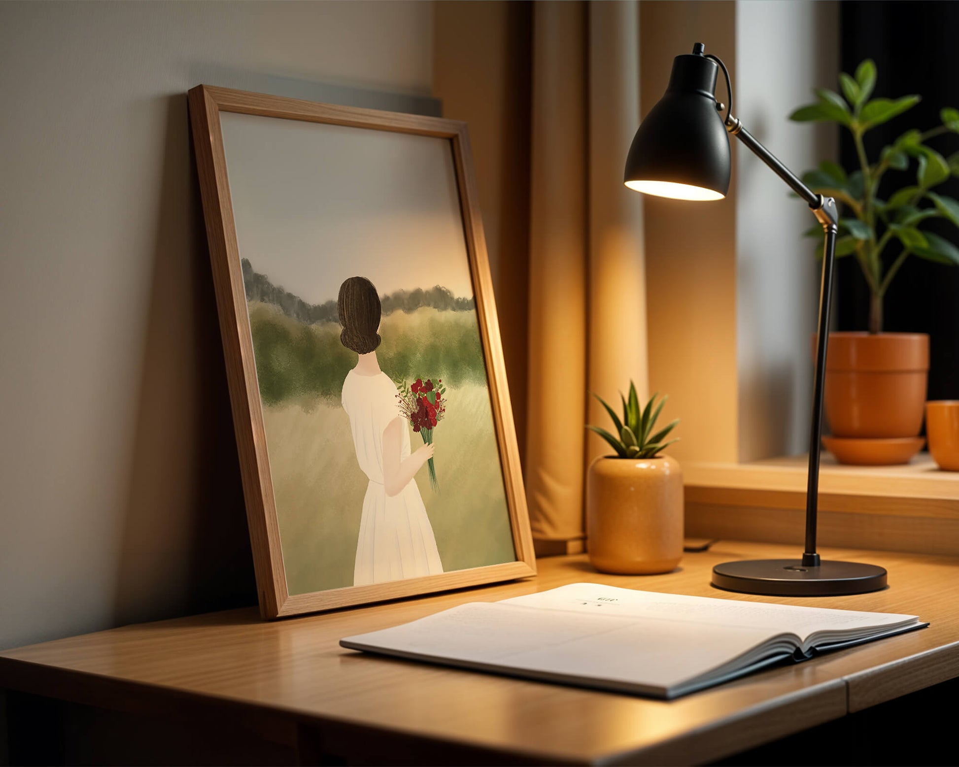 Woman in White Dress Holding Bouquet Facing Nature