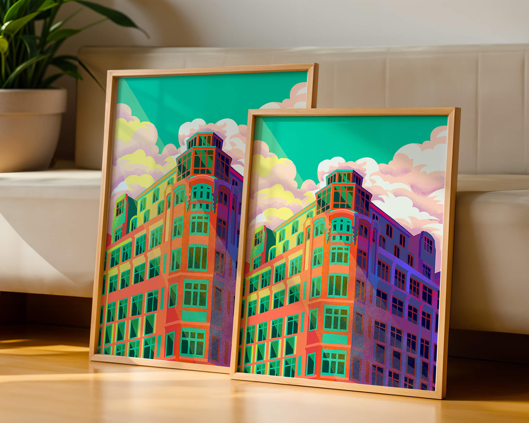 Colorful geometric building with vibrant sky