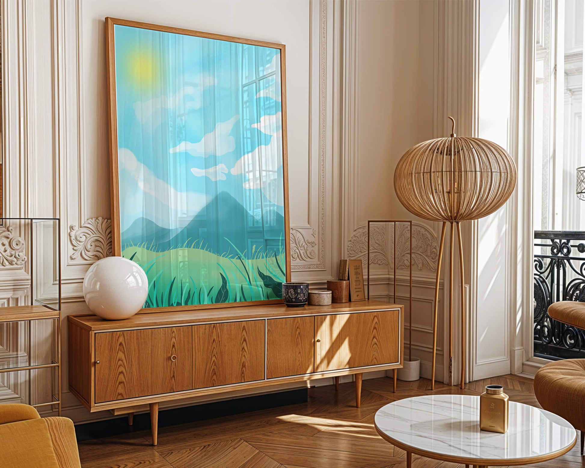 Sunny Day Overlooking a Mountain Landscape with Rolling Hills and Blue Sky