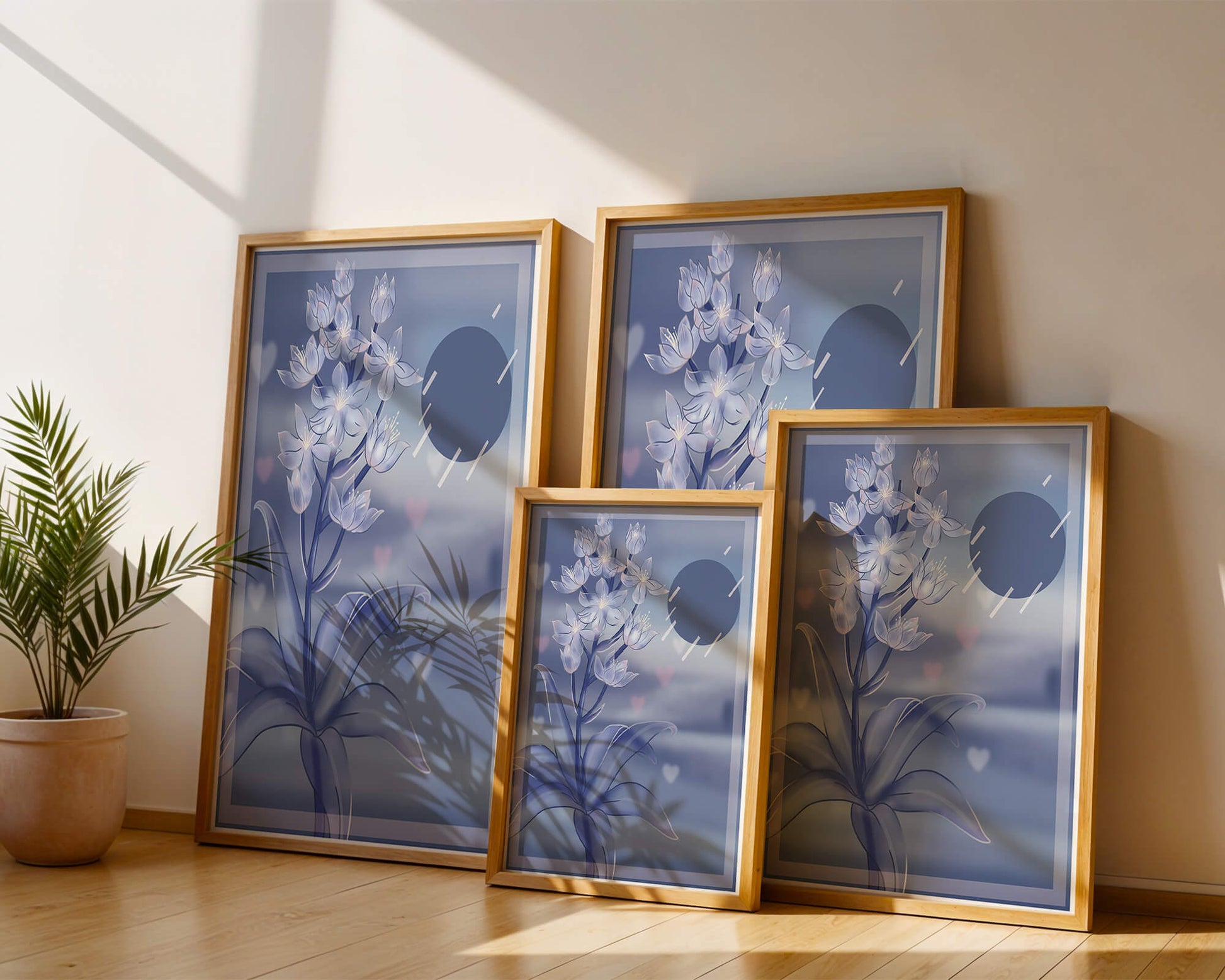 Delicate blue floral illustration with stylish geometric elements