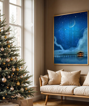 Serene Night Sky with Crescent Moon, Stars, and Pier Over Water