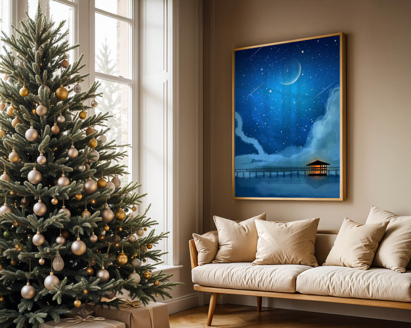 Serene Night Sky with Crescent Moon, Stars, and Pier Over Water