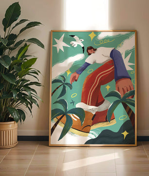 Colorful Abstract Surreal Landscape with Giant Figure and Nature Elements