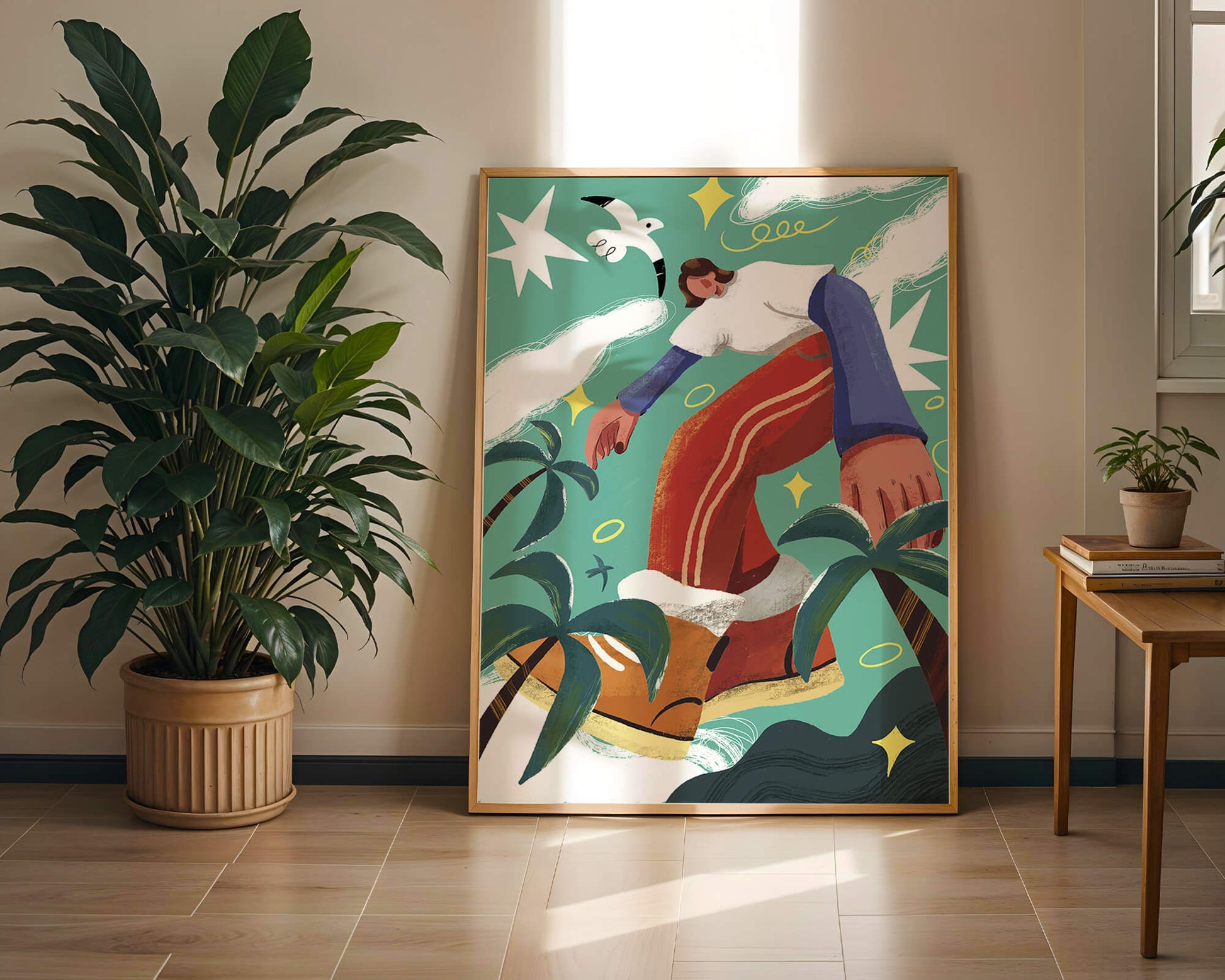 Colorful Abstract Surreal Landscape with Giant Figure and Nature Elements